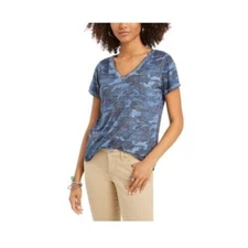 Style & Co Womens L Ocean Blue Camo Short Sleeve V Neck T Shirt Top NWT CS74