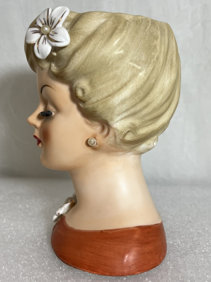 Vintage Lady Head Vase, Enesco E-2188, Blonde, Burnt Orange Top | eBay