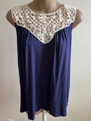 Papermoon Blouse, Sleeveless,Ophir Crochet Detail,Navy,Size M,nwt