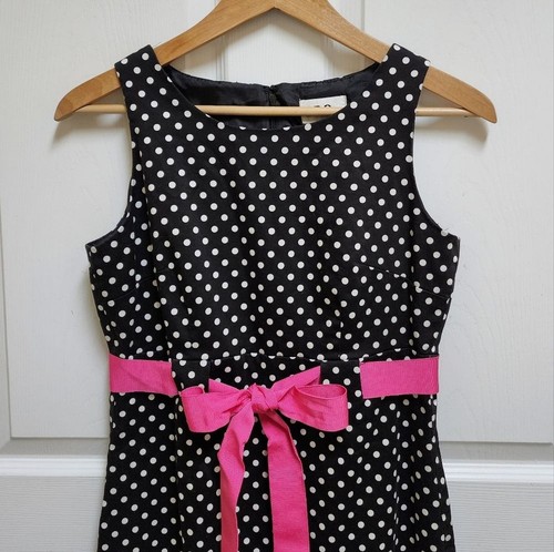 JBS Dress 6 Black White Polka Dot Sheath Sleeveless Pink Tie Ribbon Preppy Party - Picture 3 of 9