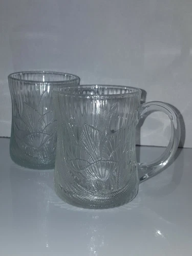 2 - Vintage Arcoroc France Canterbury Crocus Clear Glass Coffee Mugs Tea Cups