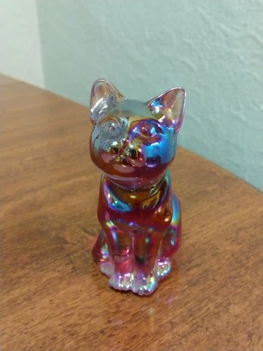 Vintage Fenton Carnival Glass Iridescent Solid Glass Sitting Cat USA