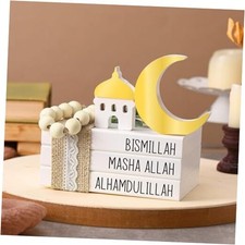 Islamic Wooden Tiered Tray Decor White Book Stack Golden Moon and Bismillah