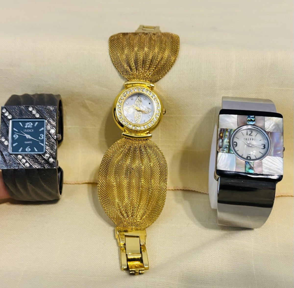 VTG Fashion 2 Cuff Studio Time Bangles & 1 Mesh Karis Ribbon Watches Tested Work View 2