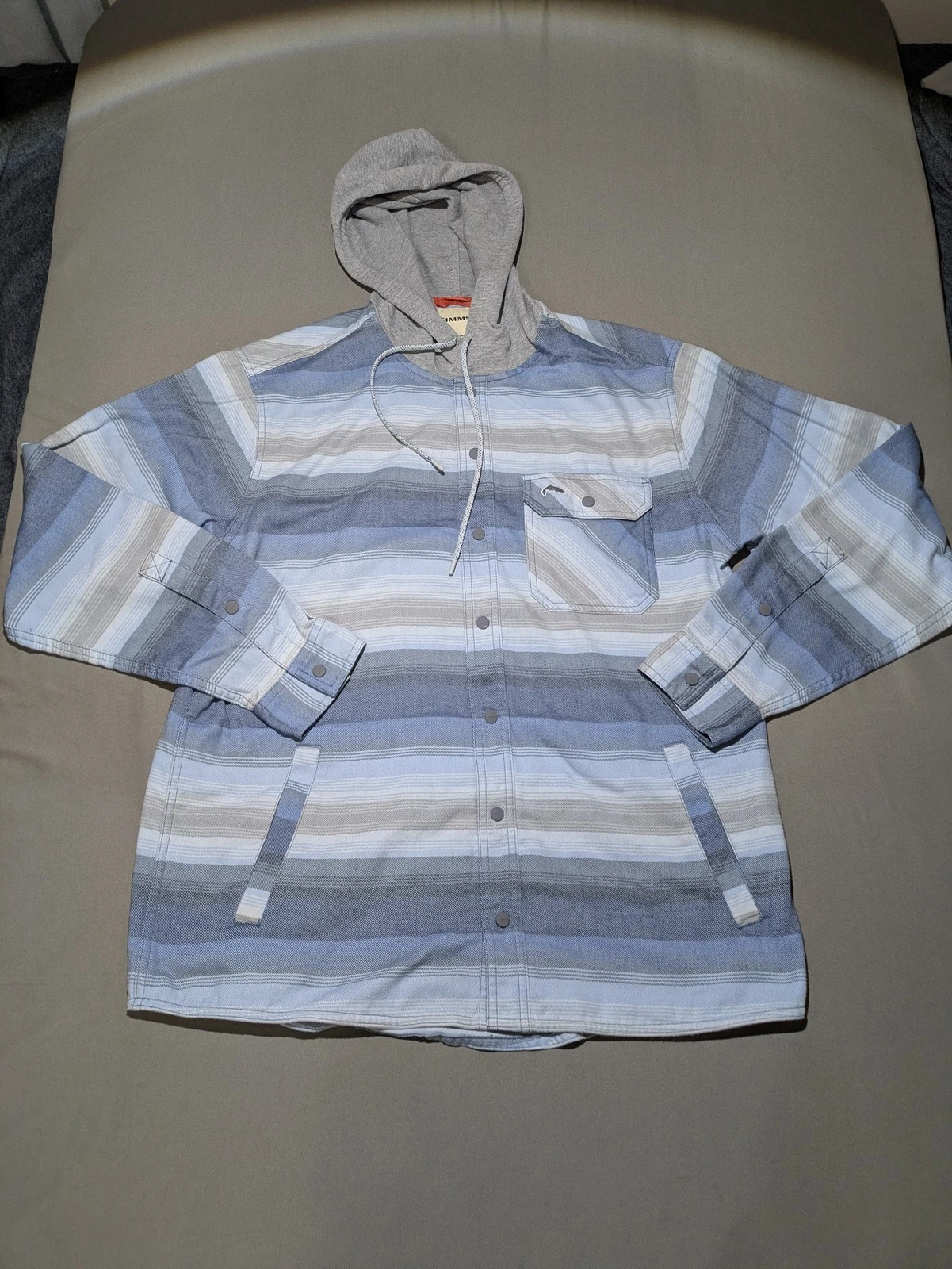 Simms Jacket Mens Large Blue Striped Hooded Snap Front Fishing Shacket Outdoors