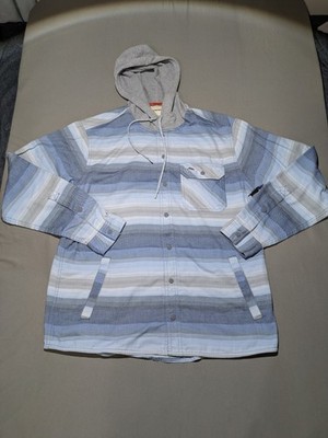 Simms Jacket Mens Large Blue Striped Hooded Snap Front Fishing Shacket Outdoors