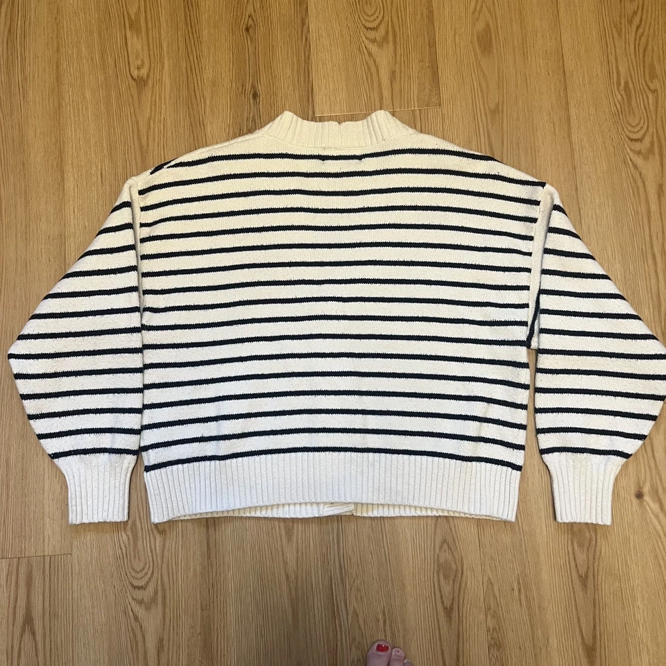 Cárdigan antiguo azul marino para mujer mediano SoSoft cuello en V suéter preppy crema corazón rayas Foto 2 de 4