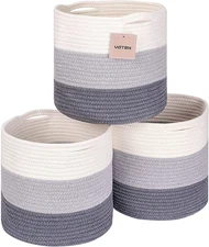 Woven Cotton Rope round 11X11X11'' Storage Cubes Baskets Bins Organizer, 3-Tone 