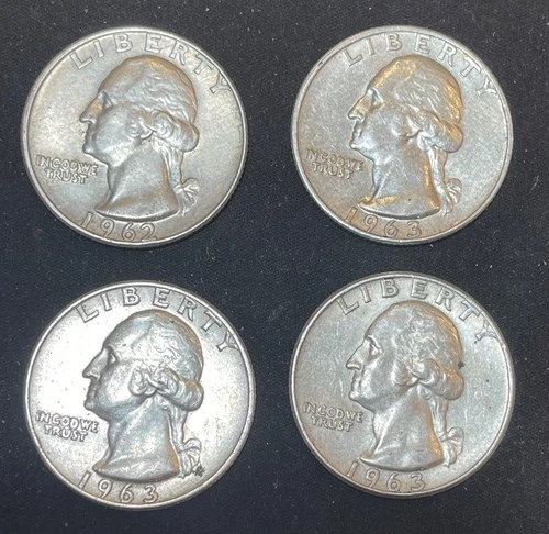 LOT OF 4 SILVER WASHINGTON QUARTERS -1962D & (3) 1963D UNC/AUC