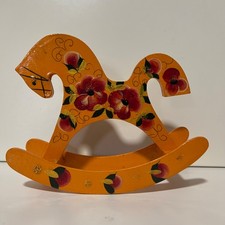 VTG Wooden Rocking Horse Figurine yellow Tabletop Handpainted Floral Design