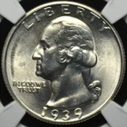 1939 S WASHINGTON QUARTER NGC MS 62 SMOOTH WHITE SILVER SATIN, VERY WELL STRUCK