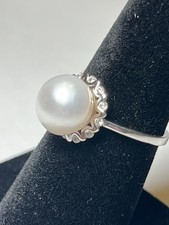 Natural Round White Pearl 10mm Simulated Cz 925 Sterling Silver Ring Size 7