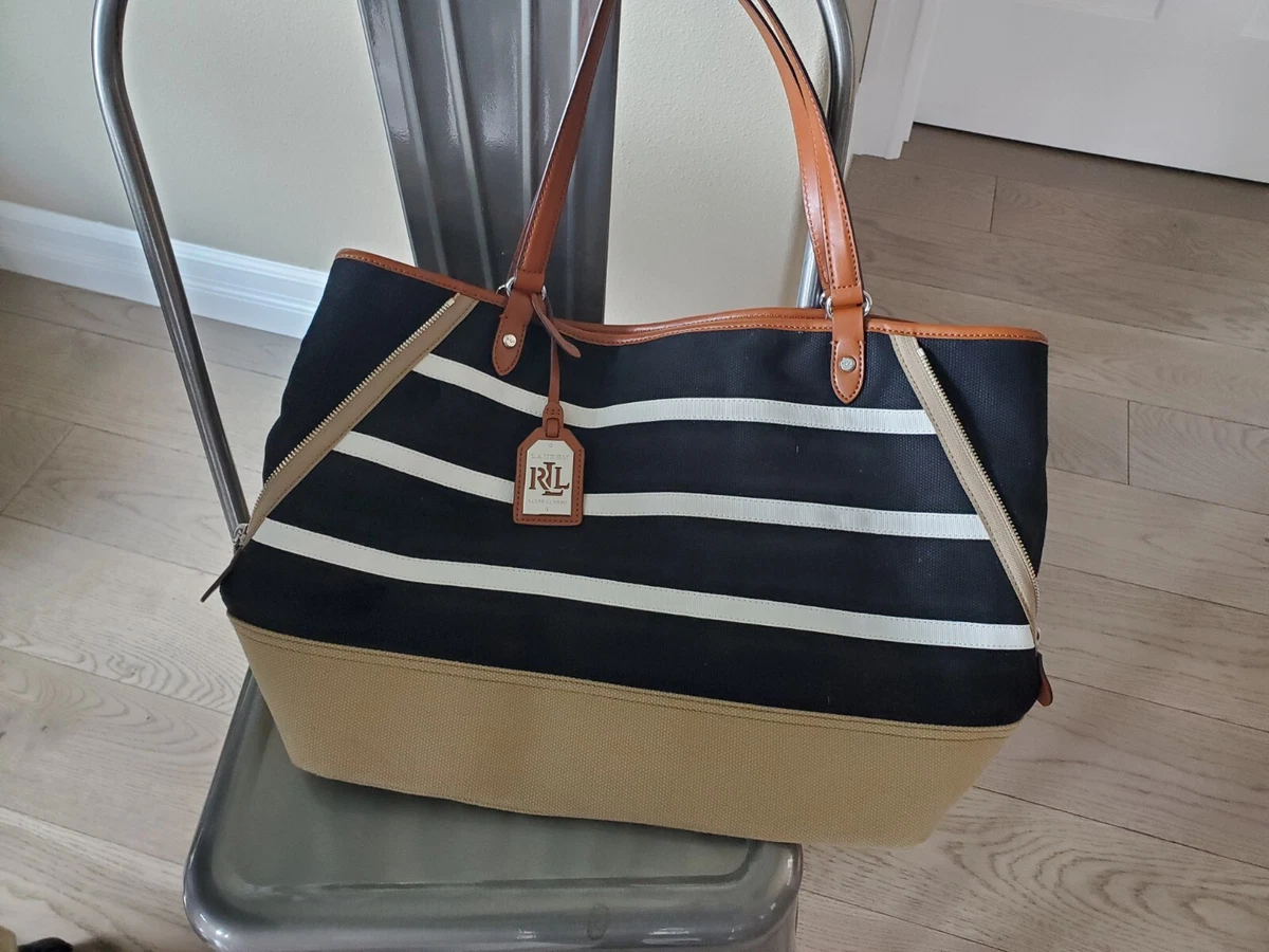 Lauren Ralph Lauren Black White Striped Canvas Tote Bag, Tan Base, Leather  Trim