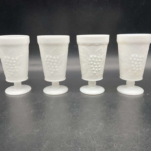 4 Vtg. Anchor Hocking Milk Glass Harvest Grape Footed Tumblers