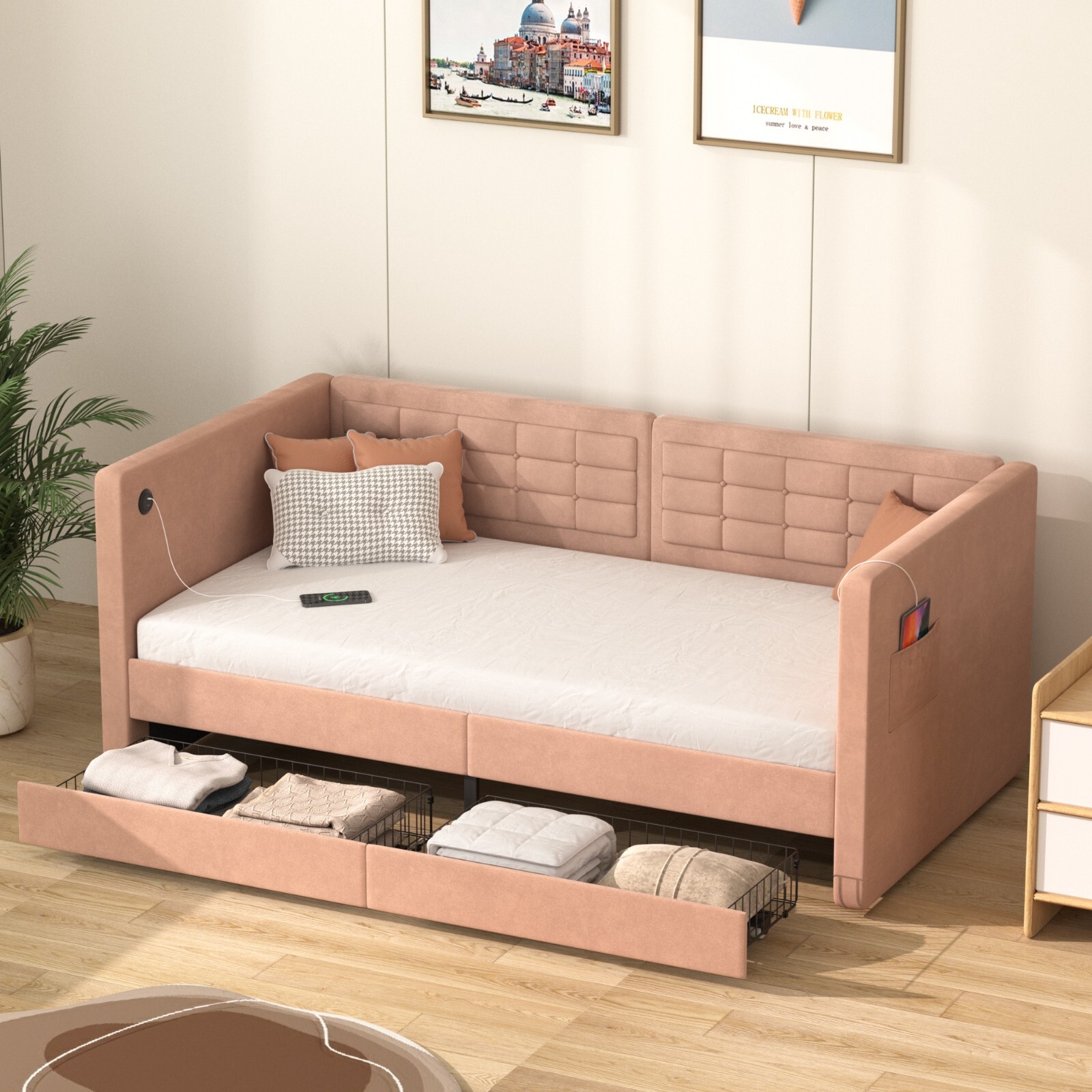 Sofa Bed Frame with Storage Drawers, Daybed with USB Charging Port for Living Room-image