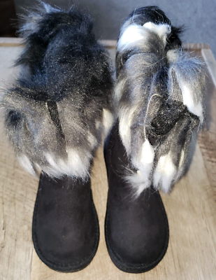 girls size BLACK WINTER BOOTS WHITE FAUX FUR FEATHERY TRIM NEW