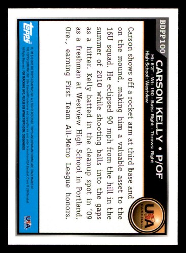 2010 Bowman Chrome Draft Prospects #BDPP100 Carson Kelly - Picture 2 of 2