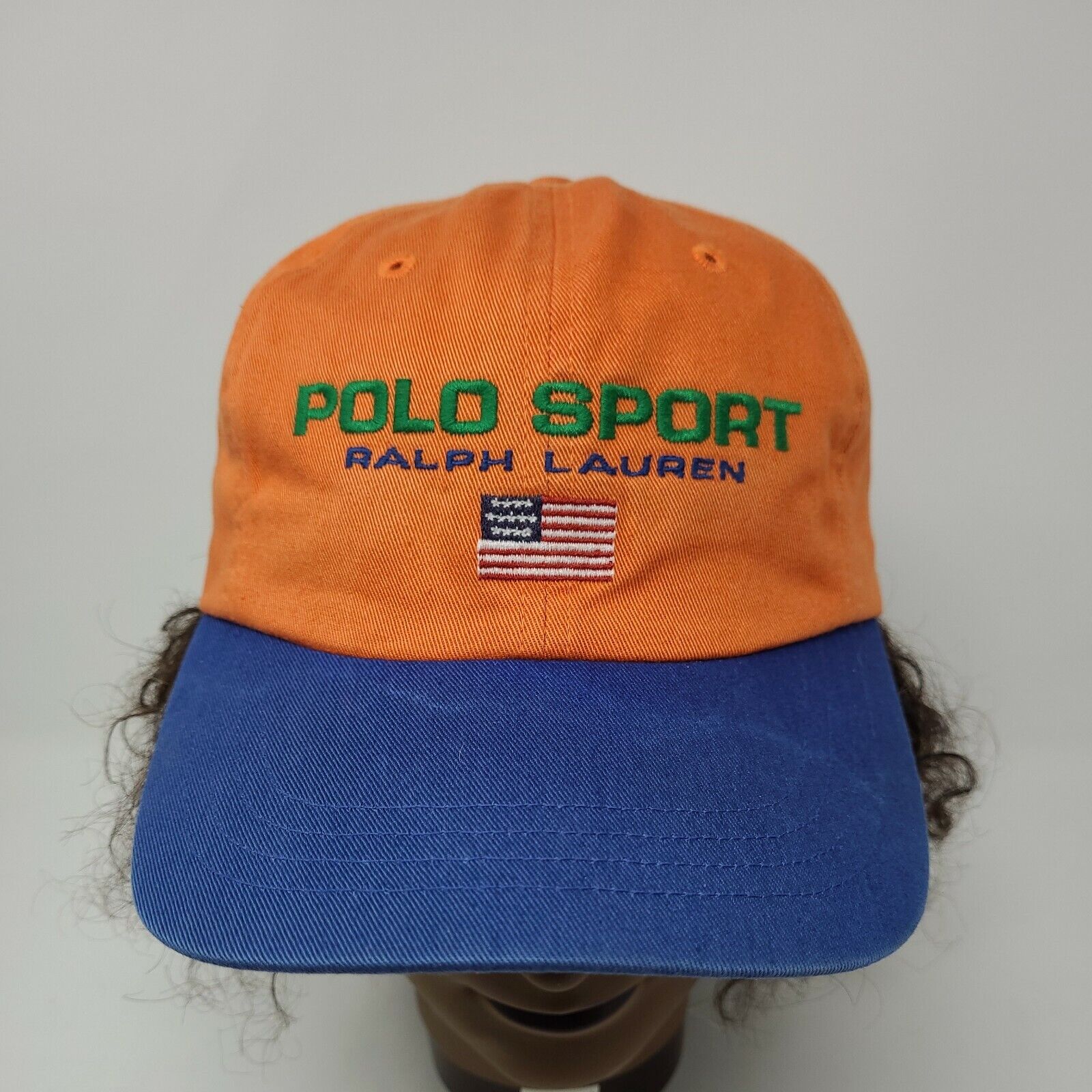 Vintage 90s 2 tone Polo Sport hat Ralph Lauren Sportsman orange & blue Cap  strap