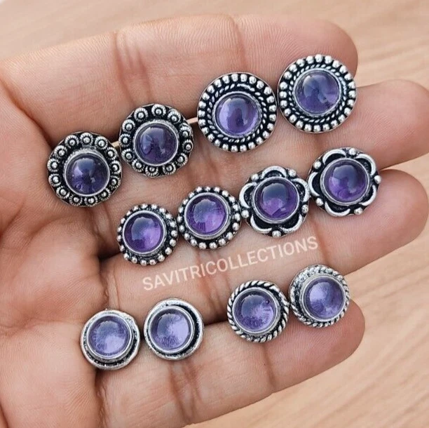 Amethyst Wholesale Stud Earrings Lot 92.5 Silver Plated Handmade Bulk Jewelry - Image 2 of 4
