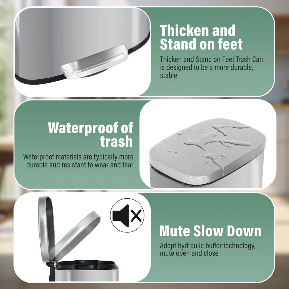 Kitchen Trash Can with Lid Step Trash Bin Fingerprint-Proof for Office Bedroom - Image 4 of 4