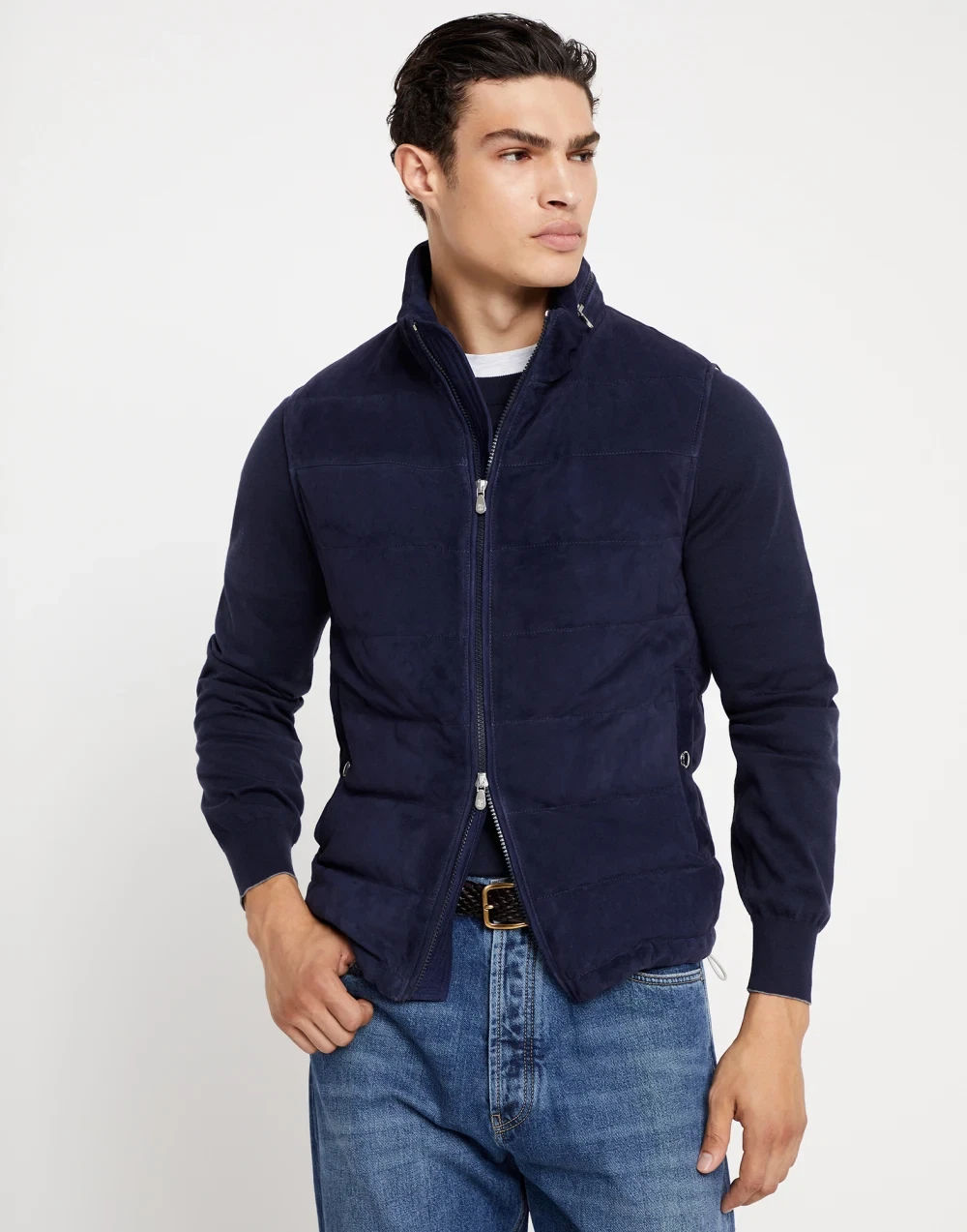 Navy Blue Suede Leather Quilted Puffer Vest for Men Size XS S M L XL XXL 3XL