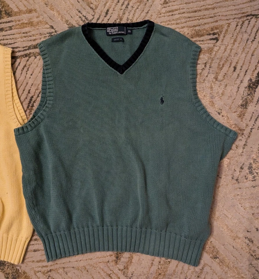 De Colección Polo Ralph Lauren Lote De 2 Para Hombres Amarillo Verde Cuello en V Suéter Chalecos X-Grandes Foto 2 de 4