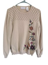 Vintage Alfred Dunner Tan Embroidered Sweater L Cottagecore Floral L