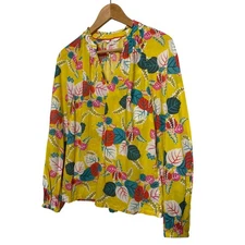 Boden Yellow Floral V Neck Ruffle Collar Long Sleeve Blouse Women's US 10 UK 14