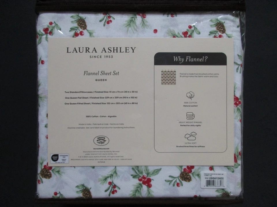 Lençóis Queen de Flanela LAURA ASHLEY 4 Peças Natal-Pinecone Toss-Evergreens Berries - Imagem 2 de 4