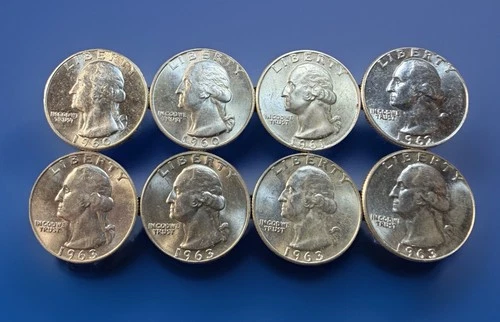 Lot of (8) 1960, 1961, 1962, 1963 P & D Washington Quarters. 90% Silver UNC!