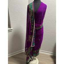 Purple Georgette Saree Teal Gold Beaded Embroidered Paisley Wedding Ethnic Wear