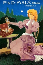 F. & D. MALY PRAHA JEWELRY BOX GIRL WITH MIRROR TREASURE VINTAGE AD POSTER REPRO