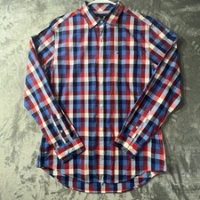 Tommy Hilfiger Shirt Men  s Large Blue White Red Plaid Button Up Cotton