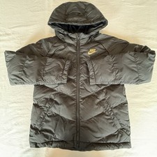 Nike Boys Puffer Jacket Size M Black Gold Swoosh Hooded Full Zip Winter Coat