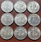 (9) 1941-1947 Walking Liberty 50c Ch. AU+ BU SLIDER UNC Orig Toning 90% Silver