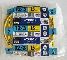 Southwire Wire 15 ft. 12/3 Solid Romex SIMpull CU NM-B W/ Ground~New/Sealed