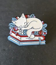 White Cat Enamel Lapel Hat Pin Book and Cat Multicolor 1.25"