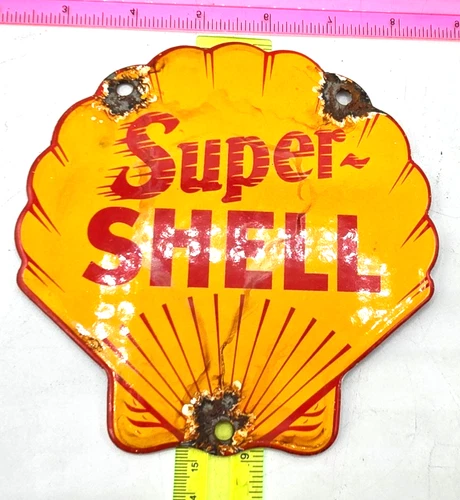 VINTAGE GENUINE SUPER SHELL PORCELAIN SIGN PUMP PLATE GAS STATION OIL