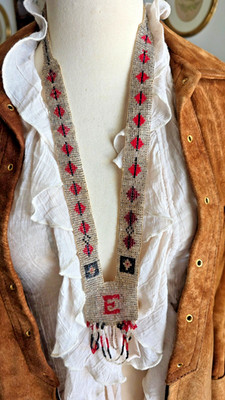 FLAPPER 1920 S GLASS BEADED NECKLACE W Initial E and Geometric Designs