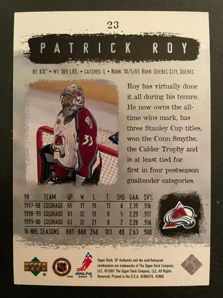 Patrick ROY 2000-01 Upper Deck SP Authentic Hockey #23 Colorado Avalanche - Image 2 of 2