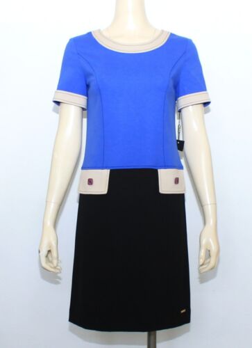 NWT Bella Bicchi Sheath Dress Navy Blue Knit Stretch Faux Pockets Cap Sleeve Sz6