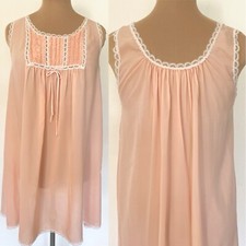 Vintage 60s Babydoll Nightgown Medium/Large Peach Lace Silky Sleeveless Gown