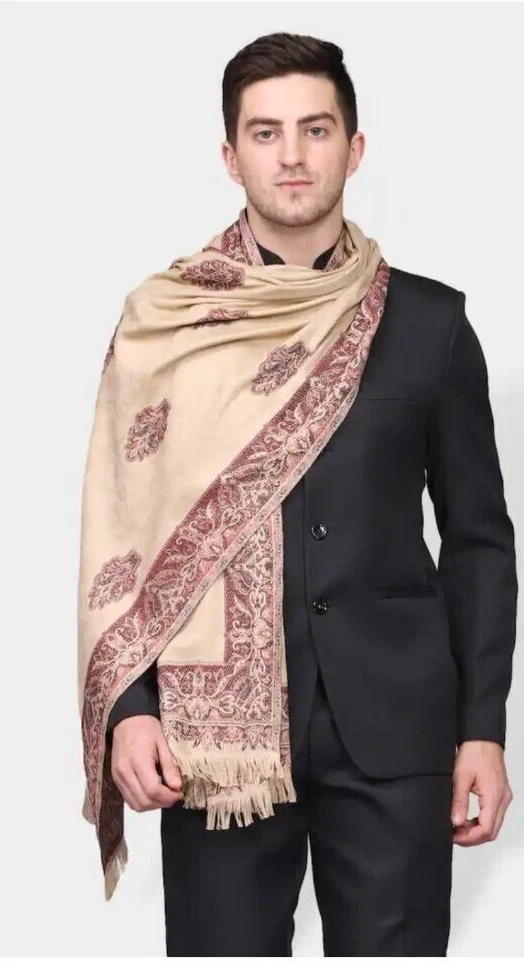 BROWN MEN'S WOVEN DESIGN KASHMIRI AARI EMBROIDERED TURQUOISE WOOL SHAWL/STOLE