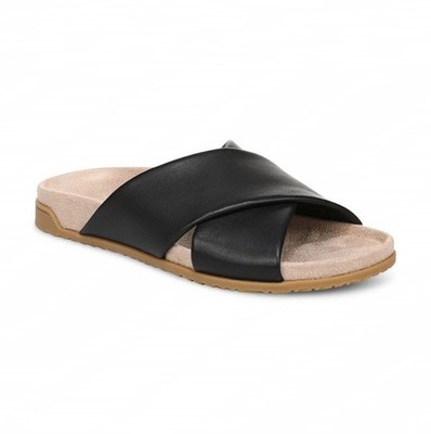 VIONIC Women Etna Slide Sandal, Black Leather (NEW)