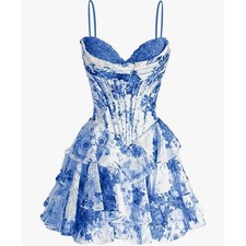 Party Floral tiered ruffle pleated dress Sz 10 White/blue lace applique Cocktail