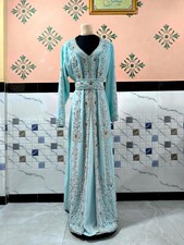 Luxury Sky Blue Moroccan Takchita Dubai Abaya Gold Hand Embroidered Party Gown