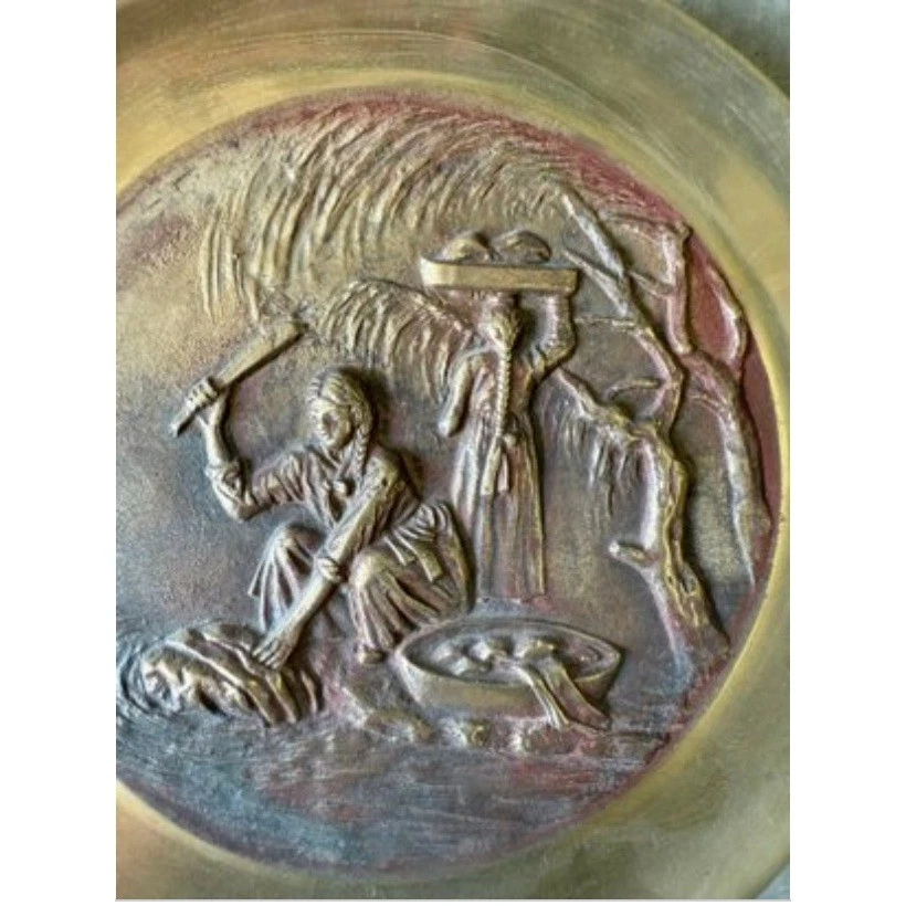 Vintage Korean Cast Brass Relief Plate Wall Hanging Farm Scene - Image 3 of 4