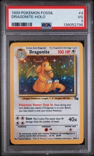New Cert* Dragonite Holo PSA 3 - Fossil Set - Pokémon - 1999 - WOTC #4/62