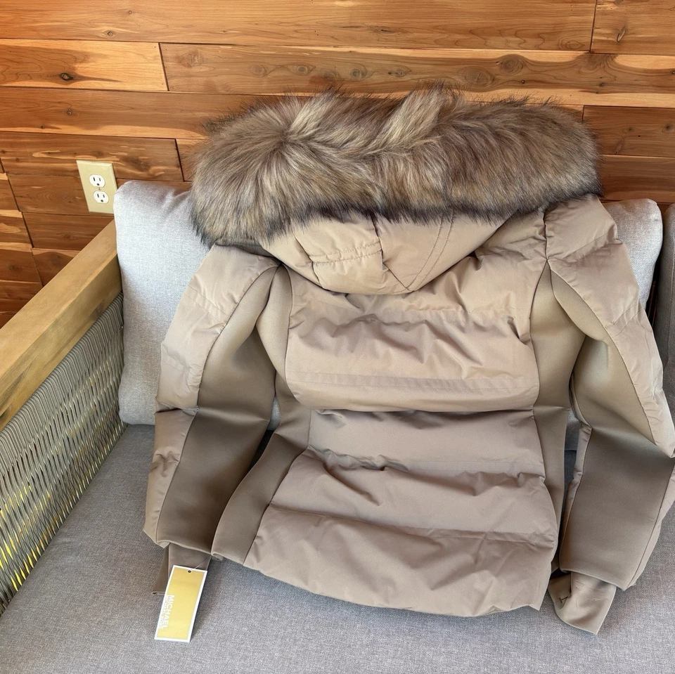 Abrigo de Invierno Michael Kors Taupe MK Diseñador Chaqueta Piel Capucha Talla M Nuevo con Etiquetas $280 Foto 3 de 4