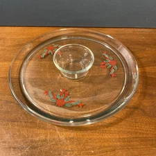 Vintage 13" Glass Christmas Chip/Dip 2 Bowl Set Poinsettias And Ribbons EUC